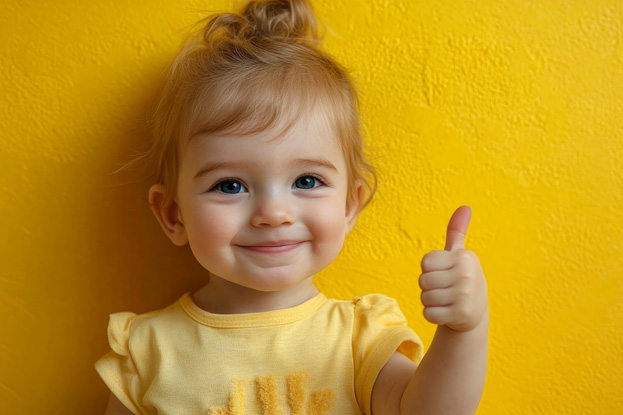 Toddler smiling and giving a thumbs up