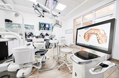 Scan of s row of a patients teeth displayed on a computer monitor